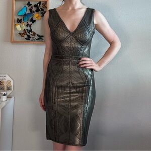Herve Leger bodycon mini dress. dark Green/ Metallic/Black. Sz M. Bandage.